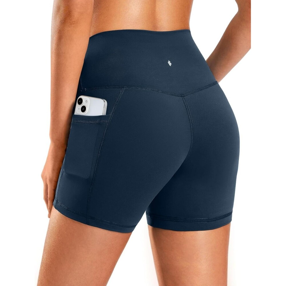 Soothfeel Women's High Waist Yoga Shorts MEDIUM 5"Blue Side Pocket Tummy Control